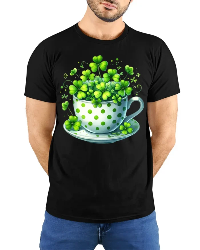 Lucky Shamrock Cup T-Shirt for St. Patrick’s Day Cheer - model wearing black shirt, hands behind back