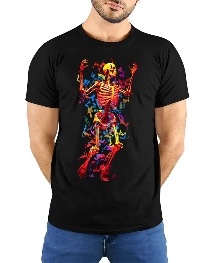 Neon Dancing Skeleton T-Shirt with Colorful Flame Art - model wearing black shirt, hands behind back