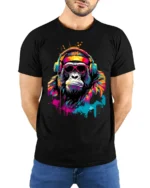 Funky Gorilla Headphones T-Shirt with Neon Graffiti Style - model wearing black shirt, hands behind back