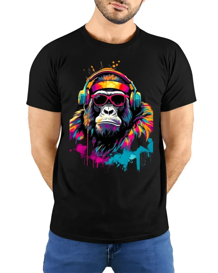 Funky Gorilla Headphones T-Shirt with Neon Graffiti Style - model wearing black shirt, hands behind back
