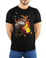 Taurus Bull Zodiac T-Shirt with Electric Cosmic Vibes - model wearing black shirt, hands behind back