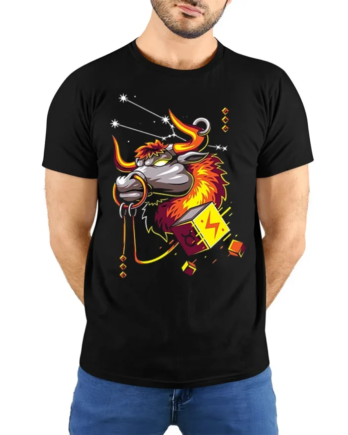 Taurus Bull Zodiac T-Shirt with Electric Cosmic Vibes - model wearing black shirt, hands behind back