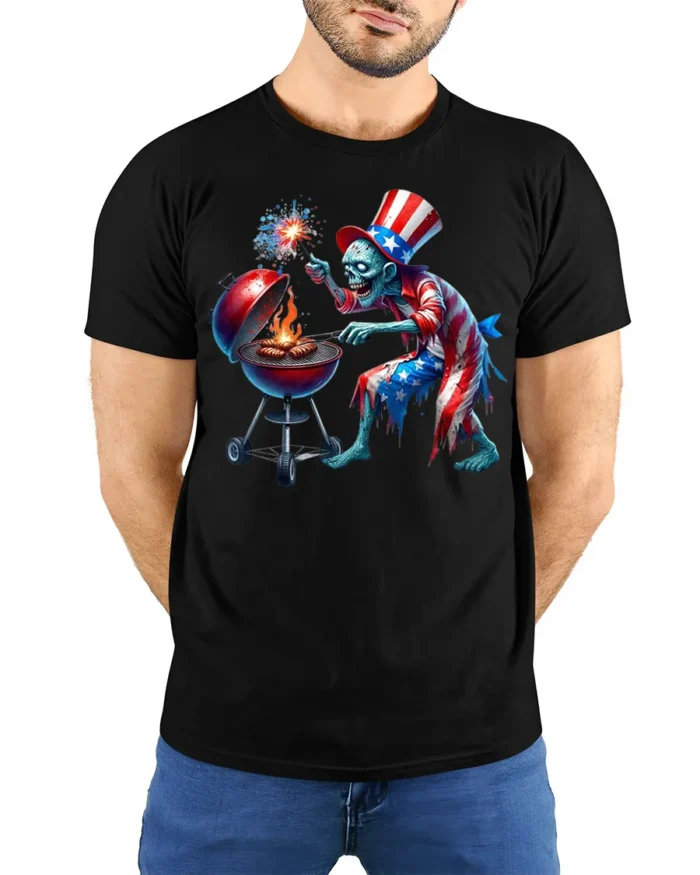 Zombie Uncle Sam BBQ T-Shirt 4th of July Horror Style - model wearing black shirt, hands behind back