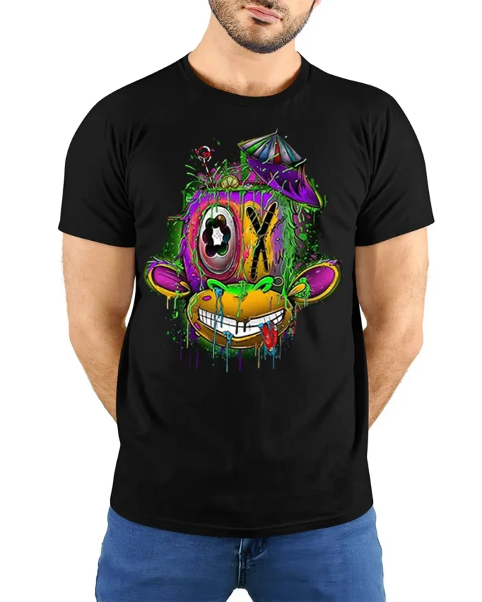 Psychedelic Drip Monkey T-Shirt Urban Street Art - model wearing black shirt, hands behind back