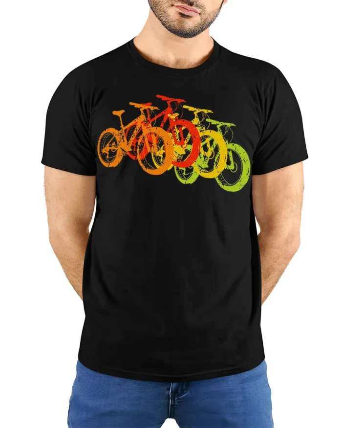 Retro Rainbow Bicycle T-Shirt Colorful Bike Rider - model wearing black shirt, hands behind back
