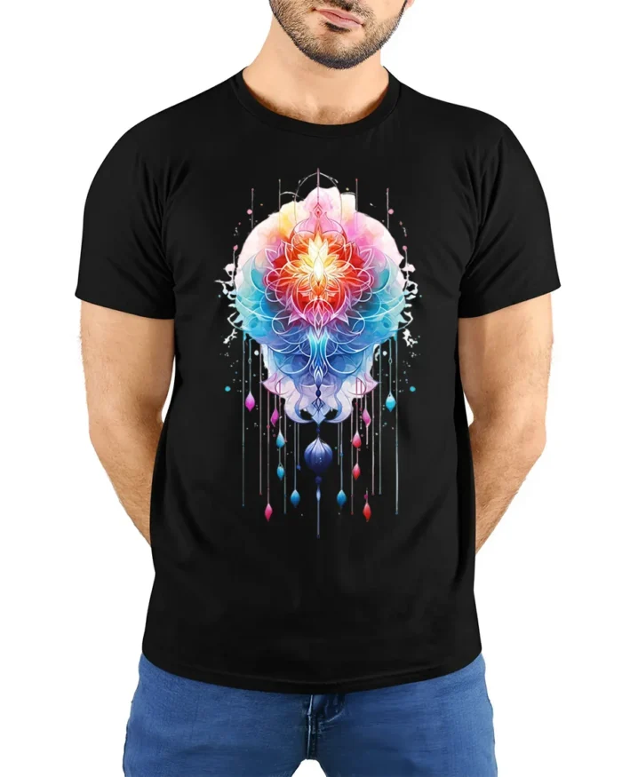 Sacred Mandala Lotus T-Shirt Vibrant Spiritual Art - model wearing black shirt, hands behind back