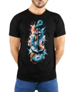 Nautical Anchor Rope T-Shirt Bold Ocean Graphic - model wearing black shirt, hands behind back
