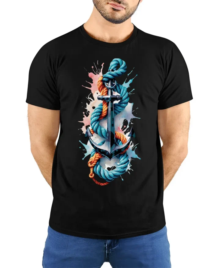Nautical Anchor Rope T-Shirt Bold Ocean Graphic - model wearing black shirt, hands behind back