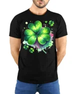 Lucky Four Leaf Clover T-Shirt St. Patrick’s Day - model wearing black shirt, hands behind back