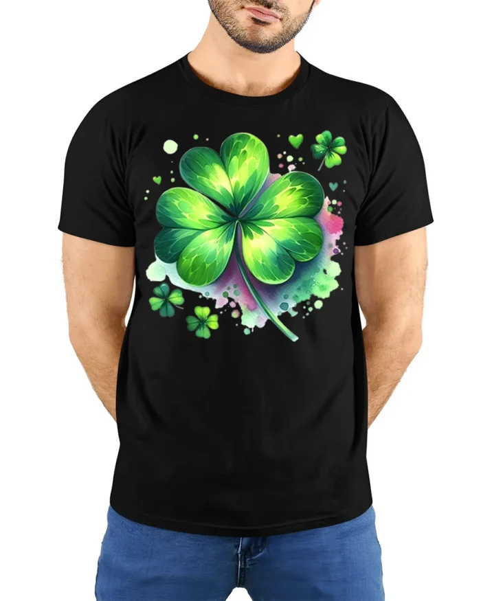 Lucky Four Leaf Clover T-Shirt St. Patrick’s Day - model wearing black shirt, hands behind back