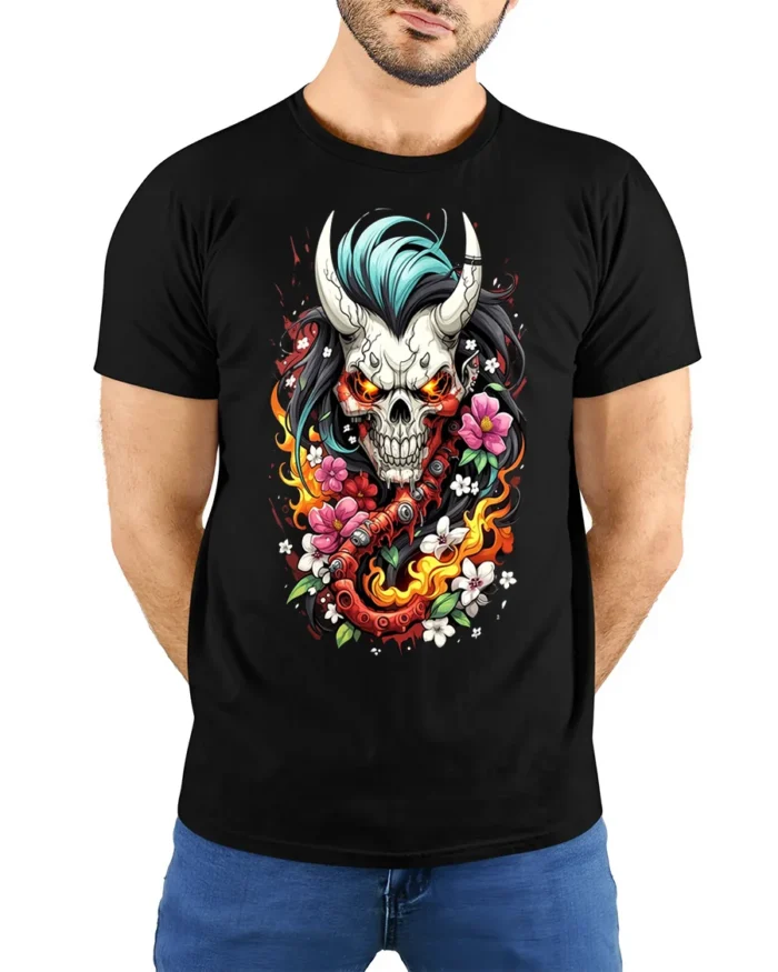 Flaming Oni Skull T-Shirt Floral Demon Samurai Art - model wearing black shirt, hands behind back