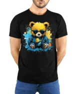 Cool Teddy Bear T-Shirt with Shades and Graffiti Splash - model wearing black shirt, hands behind back