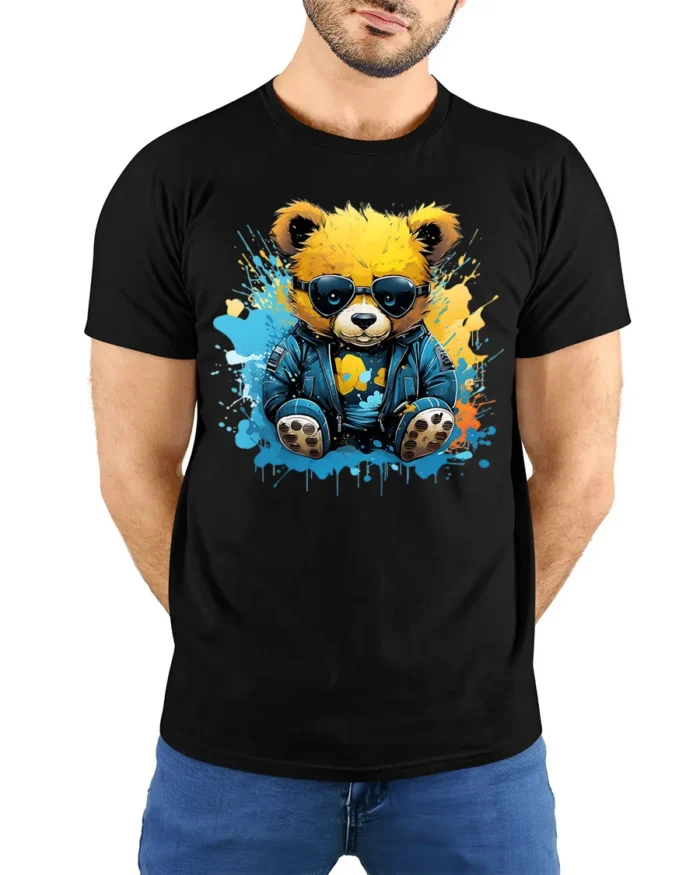 Cool Teddy Bear T-Shirt with Shades and Graffiti Splash - model wearing black shirt, hands behind back