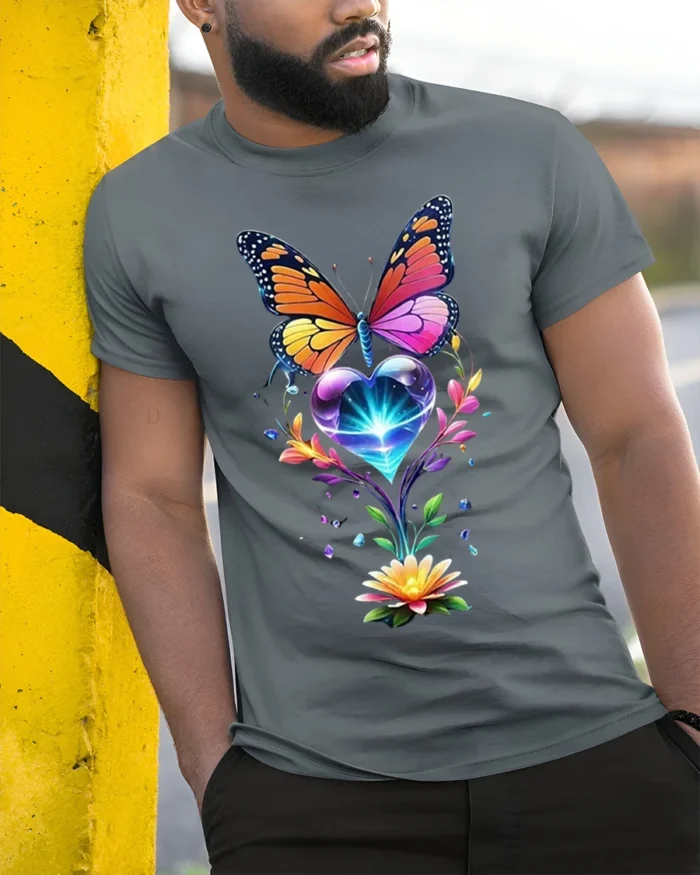 Colorful Butterfly and Heart Flower T-Shirt - model in grey shirt leaning against column
