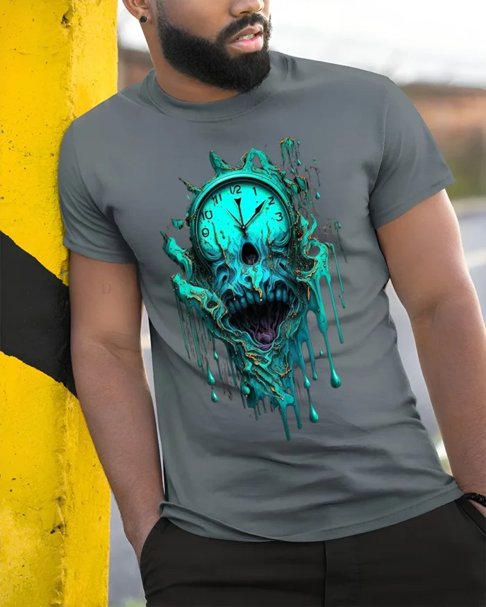 Melting Skull Clock Horror T-Shirt for Dark Aesthetic Fans - model in grey shirt leaning against column