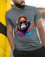 Funky Gorilla Headphones T-Shirt with Neon Graffiti Style - model in grey shirt leaning against column