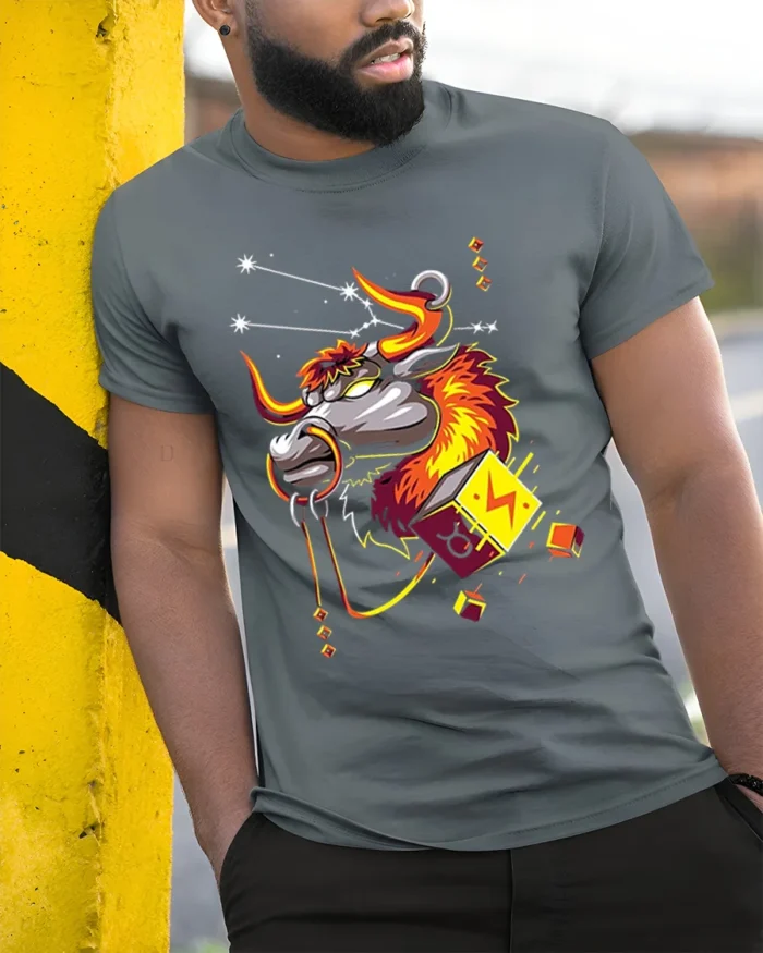 Taurus Bull Zodiac T-Shirt with Electric Cosmic Vibes - model in grey shirt leaning against column