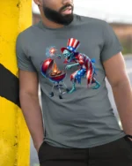 Zombie Uncle Sam BBQ T-Shirt 4th of July Horror Style - model in grey shirt leaning against column
