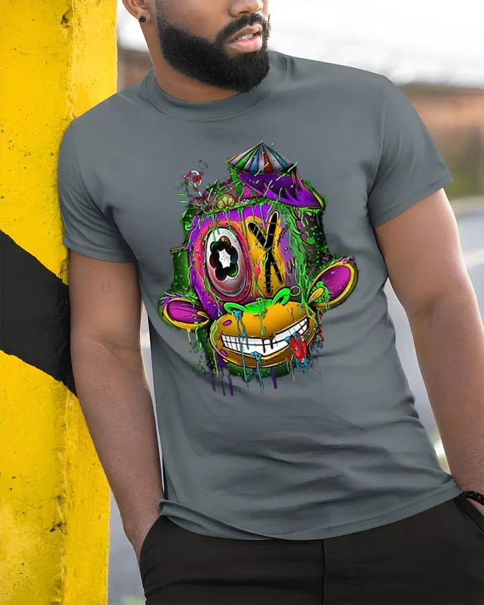 Psychedelic Drip Monkey T-Shirt Urban Street Art - model in grey shirt leaning against column
