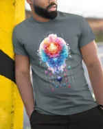 Sacred Mandala Lotus T-Shirt Vibrant Spiritual Art - model in grey shirt leaning against column