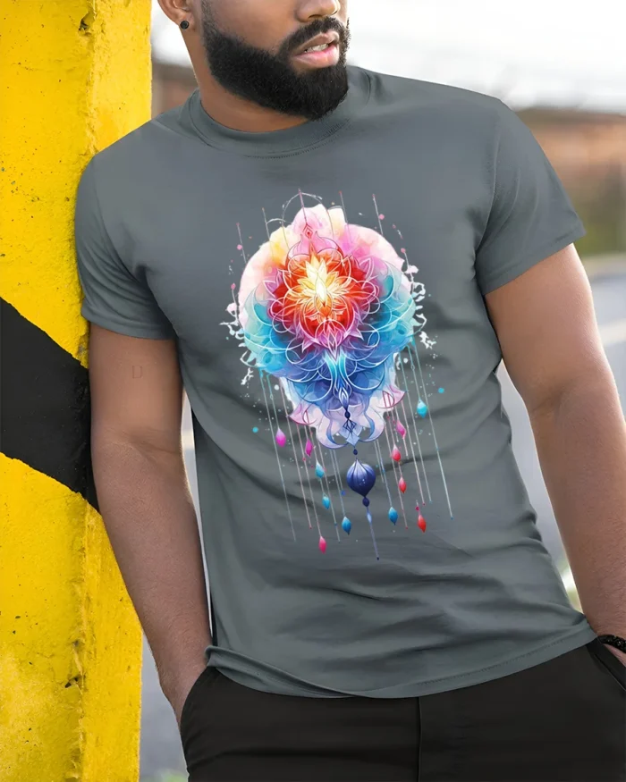 Sacred Mandala Lotus T-Shirt Vibrant Spiritual Art - model in grey shirt leaning against column