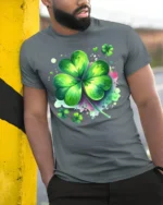 Lucky Four Leaf Clover T-Shirt St. Patrick’s Day - model in grey shirt leaning against column