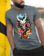 Flaming Oni Skull T-Shirt Floral Demon Samurai Art - model in grey shirt leaning against column
