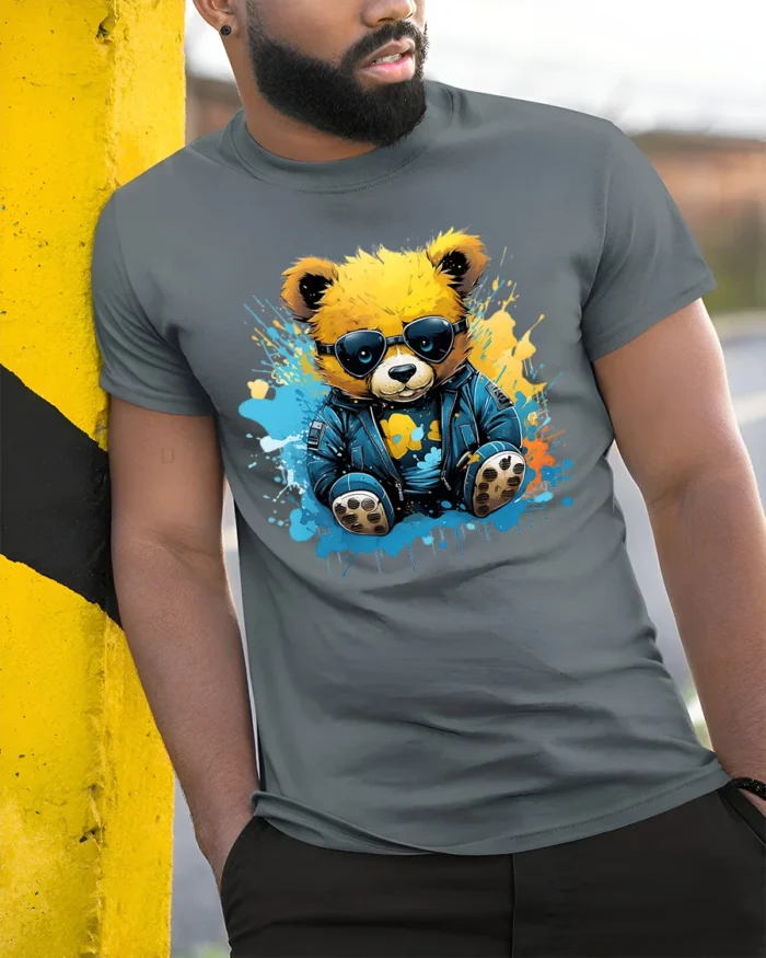 Cool Teddy Bear T-Shirt with Shades and Graffiti Splash - model in grey shirt leaning against column