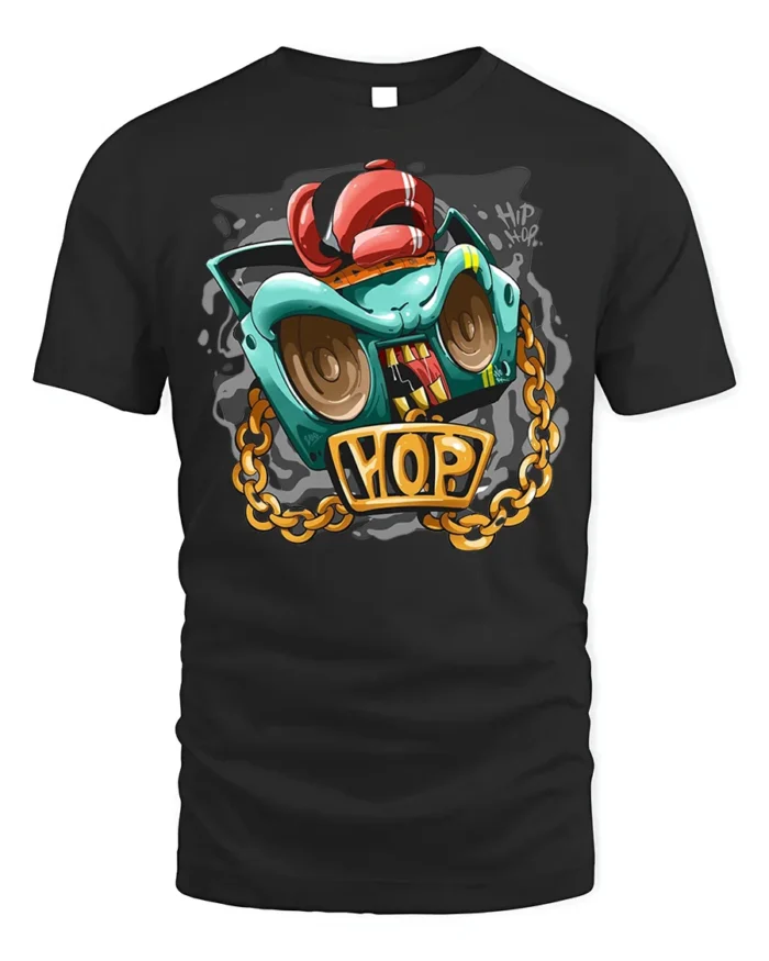 Hip Hop Boombox Graphic T-Shirt with Gold Chain Art - black t-shirt on white background