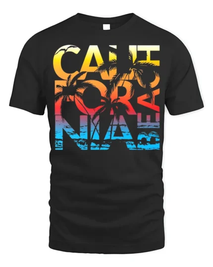 California Beach Sunset T-Shirt with Palm Tree Graphic - black t-shirt on white background