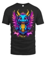 Cute Neon Baby Dragon T-Shirt with Colorful Wings Art - black t-shirt on white background