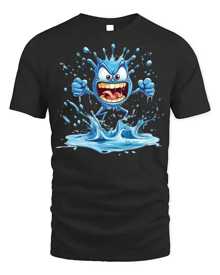 Crazy Splash Water Monster Cartoon Graphic T-Shirt Funny - black t-shirt on white background