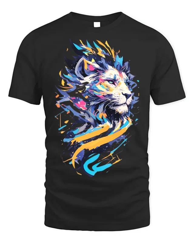 Abstract Neon Lion T-Shirt for Men Women Bold Art Print - black t-shirt on white background