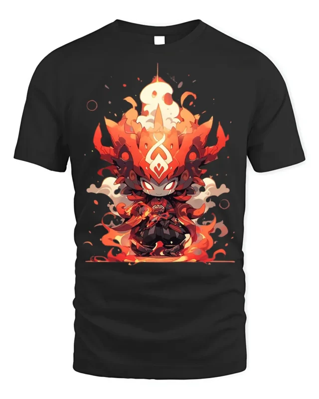 Fire Demon Chibi Warrior T-Shirt Anime Flame Art Design - black t-shirt on white background