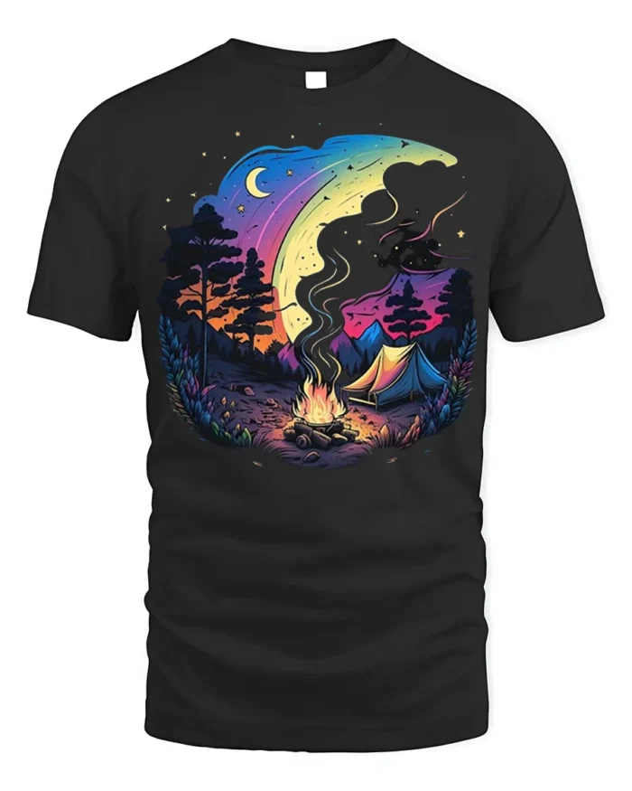 Colorful Night Camping T-Shirt with Moon and Campfire Art - black t-shirt on white background