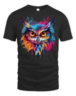 Color Splash Owl T-Shirt with Vibrant Artistic Design - black t-shirt on white background