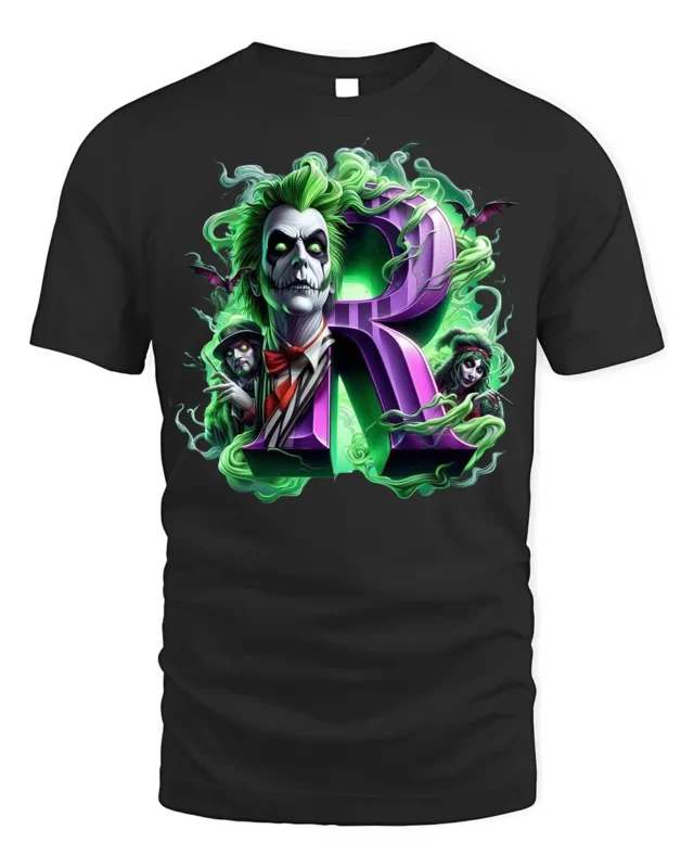 Green Haired Gothic Clown T-Shirt with Purple R Horror Art - black t-shirt on white background
