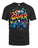 Colorful Gamer T-Shirt with Controller and Skull Graphics - black t-shirt on white background