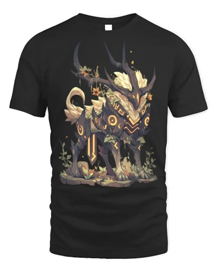 Mythic Forest Guardian Creature T-Shirt for Fantasy Lovers - black t-shirt on white background
