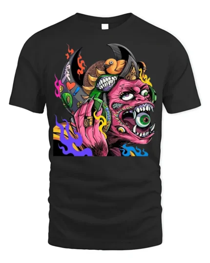 Psychedelic Monster T-Shirt with Eye-Popping Demon Art - black t-shirt on white background