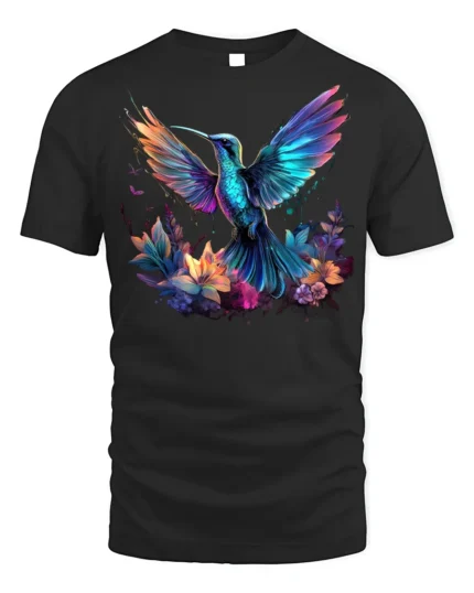 Vibrant Hummingbird and Flowers T-Shirt for Nature Lovers - black t-shirt on white background