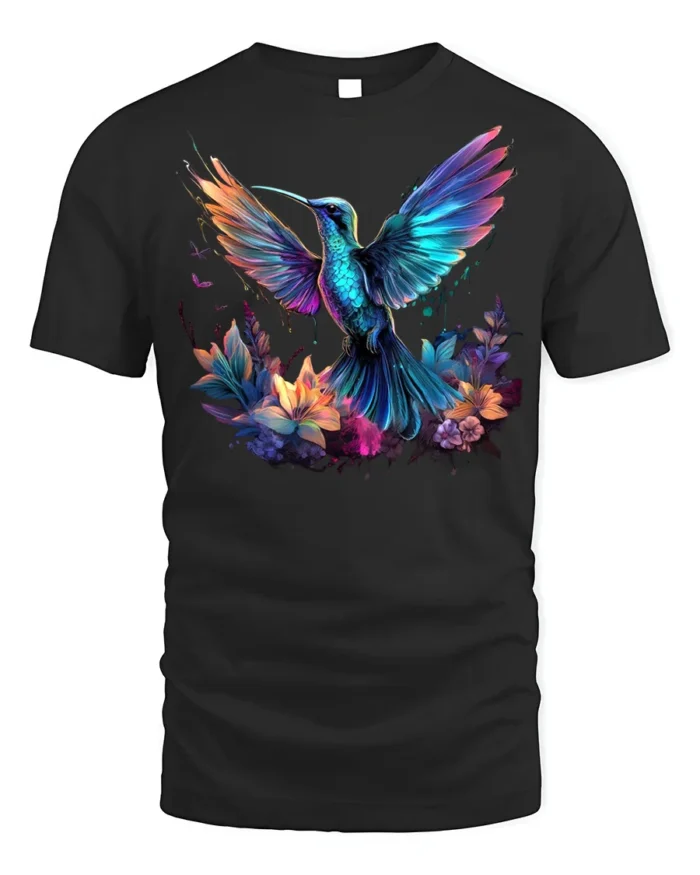 Vibrant Hummingbird and Flowers T-Shirt for Nature Lovers - black t-shirt on white background