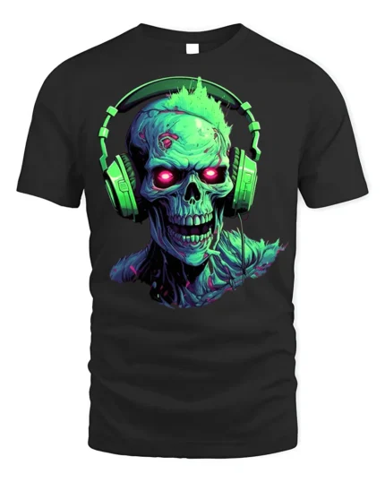 Neon Zombie Skull T-Shirt with Headphones Horror Design - black t-shirt on white background