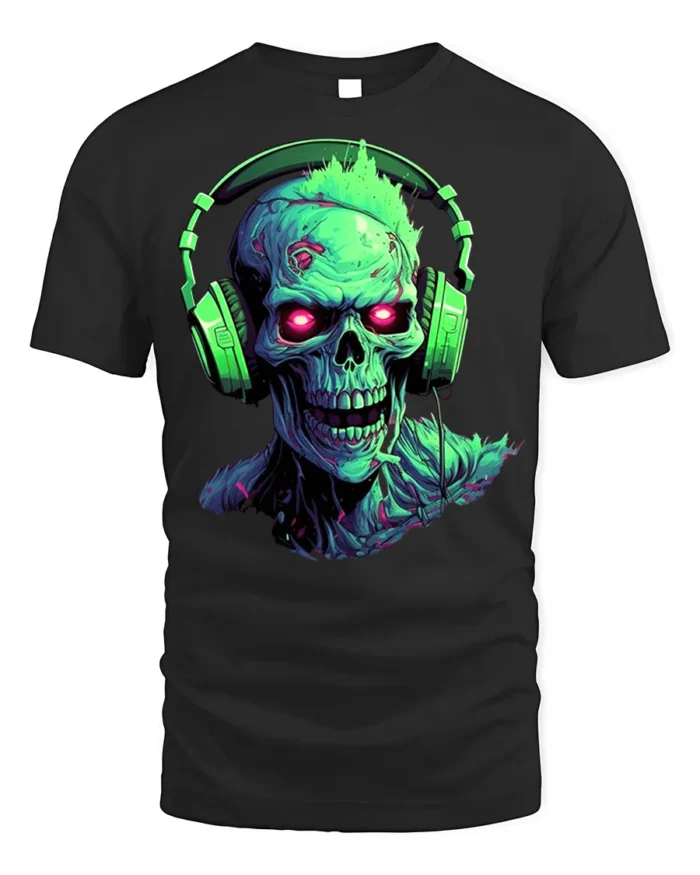 Neon Zombie Skull T-Shirt with Headphones Horror Design - black t-shirt on white background