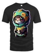 Cute Otter Hoodie T-Shirt with Cartoon Kawaii Animal Art - black t-shirt on white background