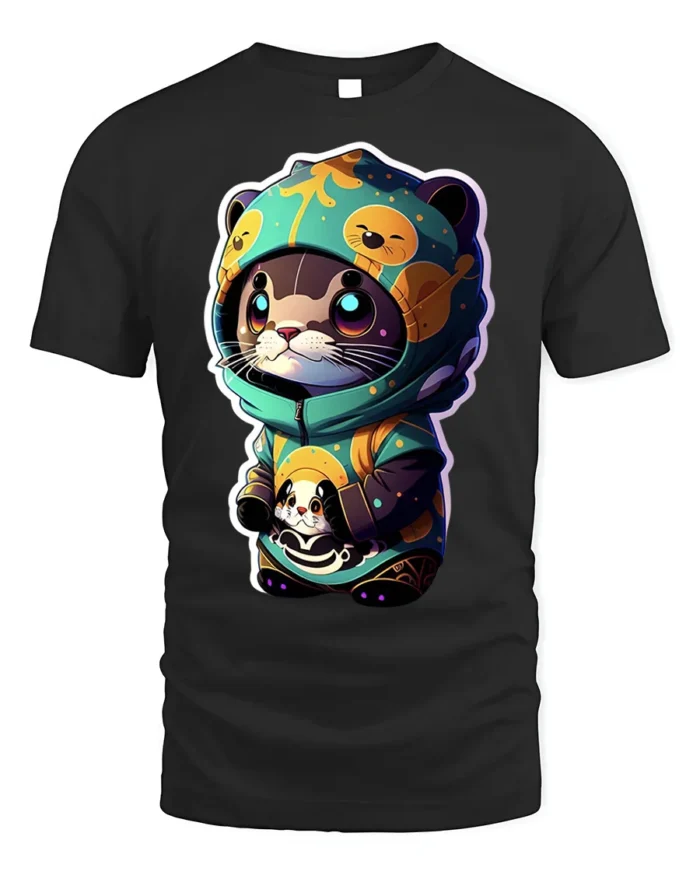 Cute Otter Hoodie T-Shirt with Cartoon Kawaii Animal Art - black t-shirt on white background