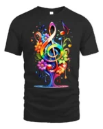Rainbow Music Tree T-Shirt with Colorful Floral Notes - black t-shirt on white background