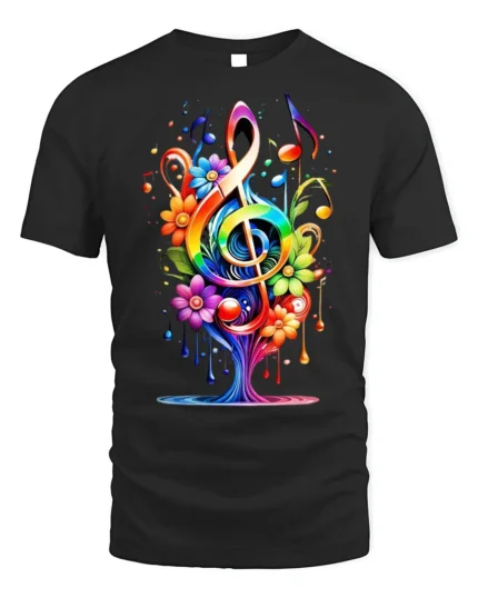 Rainbow Music Tree T-Shirt with Colorful Floral Notes - black t-shirt on white background