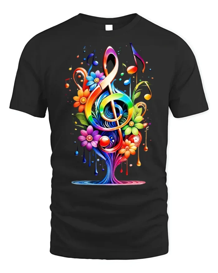 Rainbow Music Tree T-Shirt with Colorful Floral Notes - black t-shirt on white background