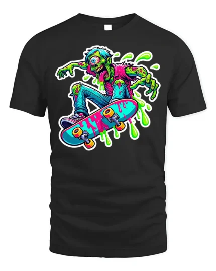 Zombie Skater T-Shirt with Neon Colors and Slime Graphic - black t-shirt on white background
